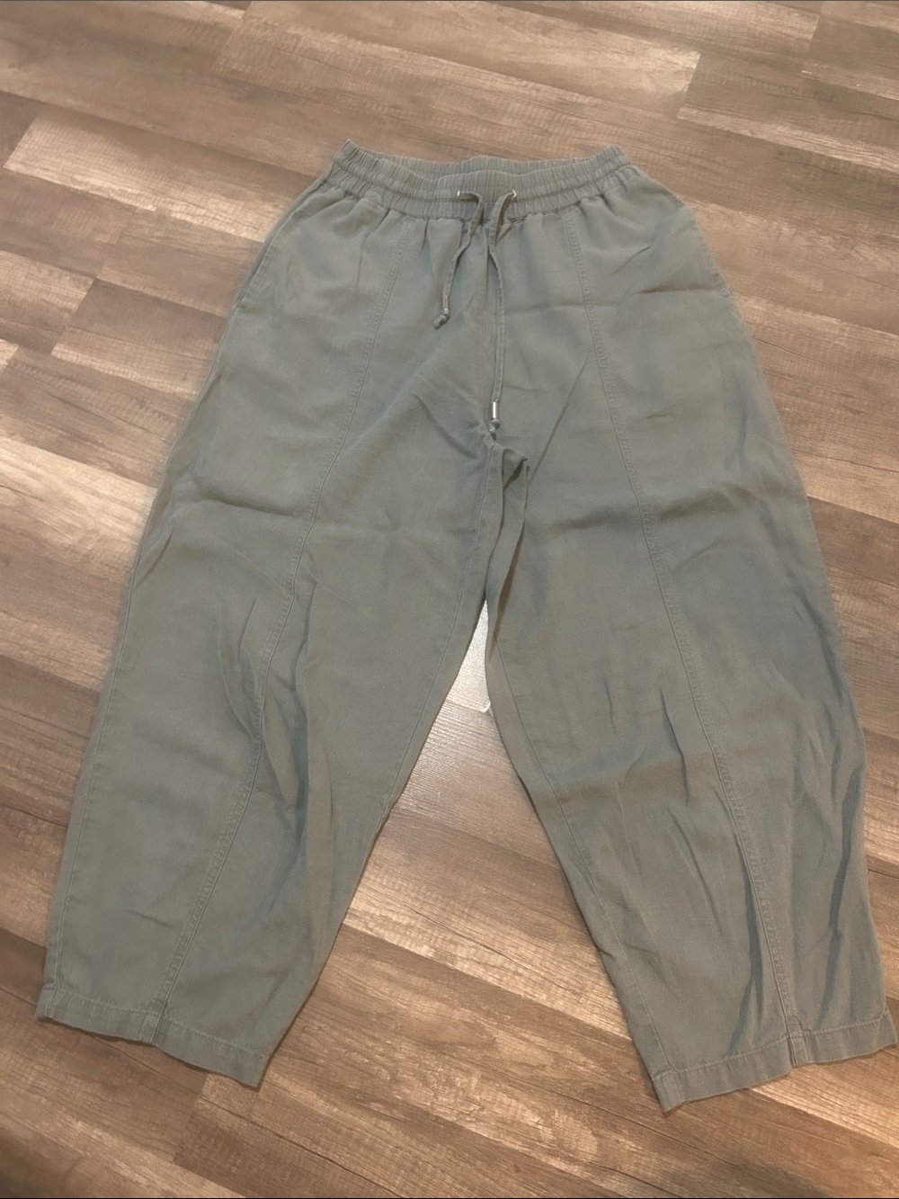Zara Women's Pants Linen Blend Cropped Drawstring Pants Dark Sage Green Small